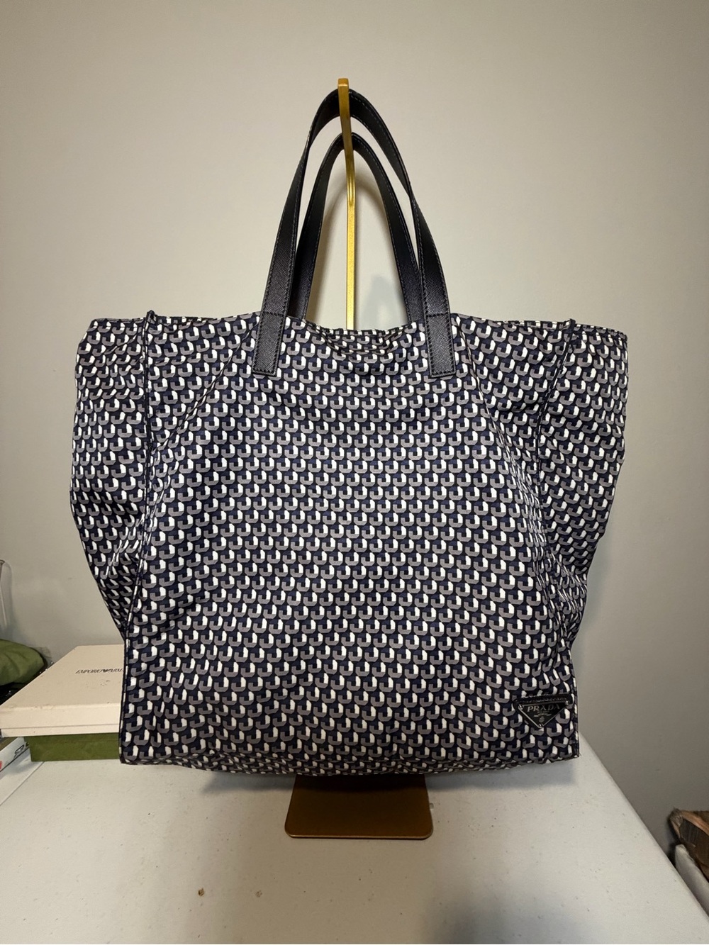 PRADA Tessuto Navy and White Geometric Nylon Tote / Crossbody